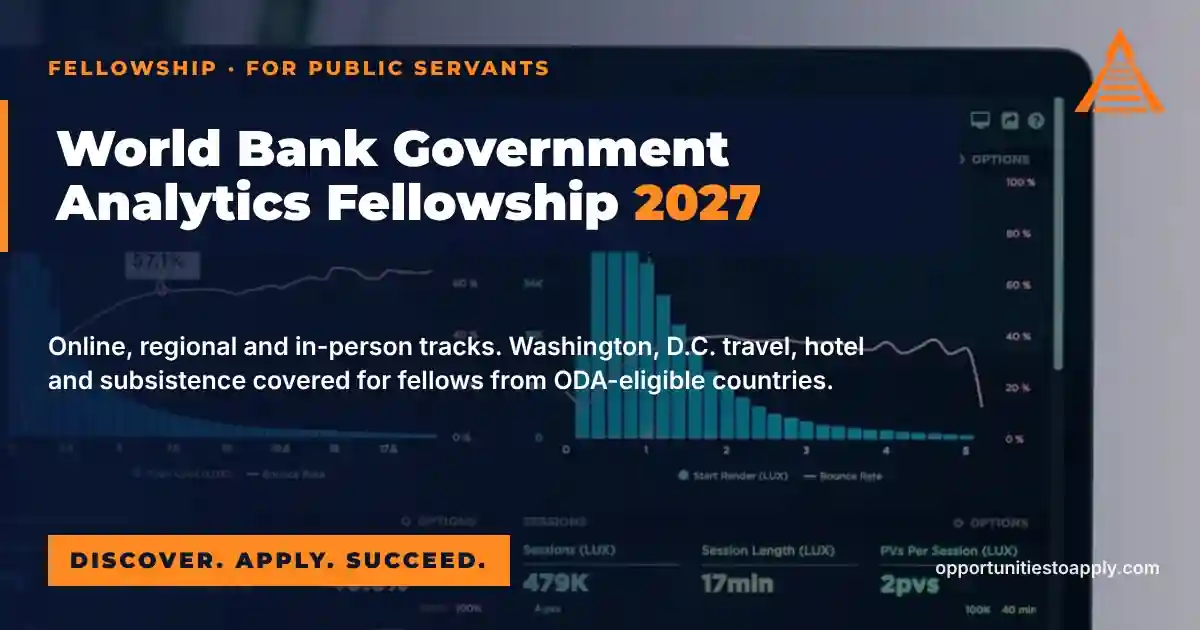 Analytics charts on a laptop behind a navy poster announcing the World Bank Government Analytics Fellowship 2027