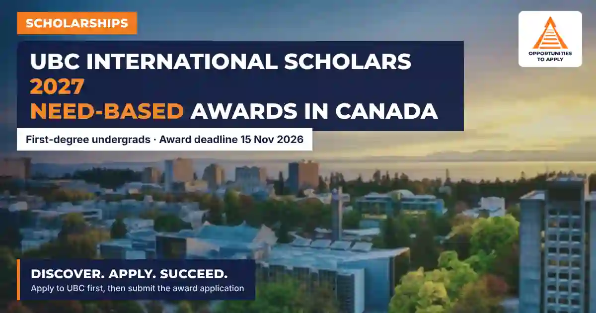 University of British Columbia Vancouver campus buildings among autumn trees at sunset, with scholarship poster text