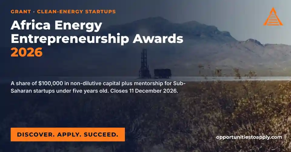 Solar power tower in a dry desert landscape behind a navy overlay announcing the Africa Energy Entrepreneurship Awards 2026, with the Opportunities to Apply logo