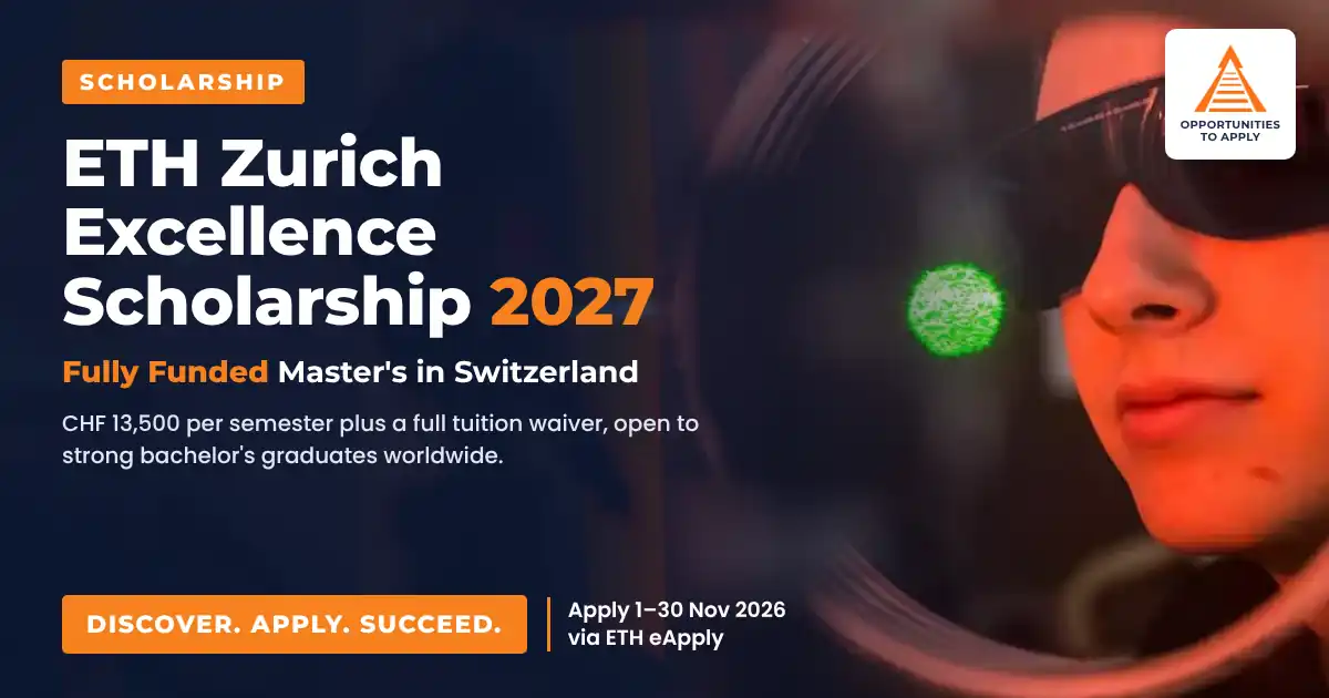 Student wearing laser safety goggles in an ETH Zurich optics lab, beside a navy panel announcing the ETH Zurich Excellence Scholarship 2027