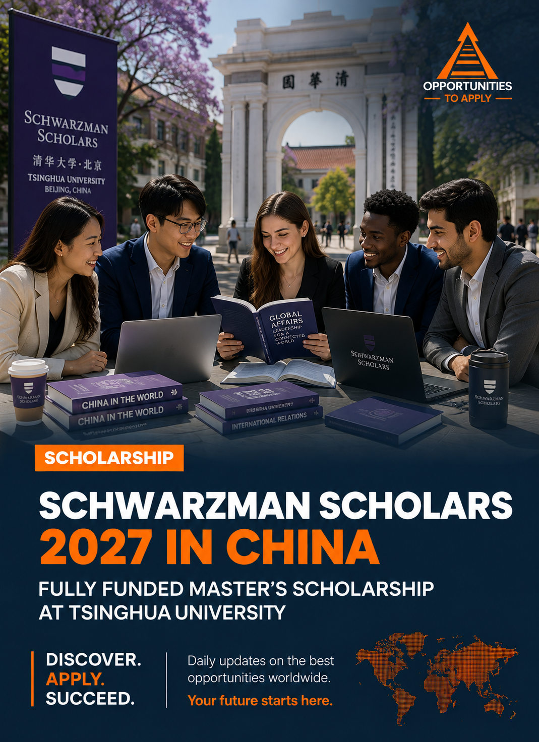 A diverse group of international students walking across the Tsinghua University campus in Beijing, representing the Schwarzman Scholars 2027 fully funded master's scholarship program.