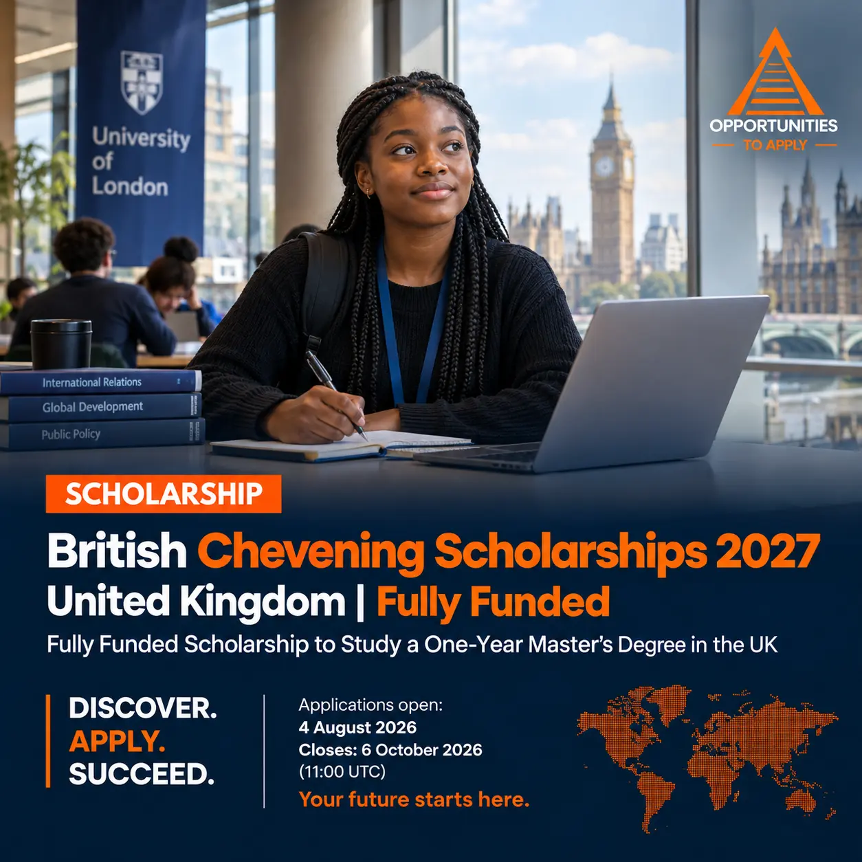 British Chevening Scholarships 2027 in the United Kingdom — fully funded one-year master’s scholarship for international students, featuring a student studying in London with Big Ben in the background