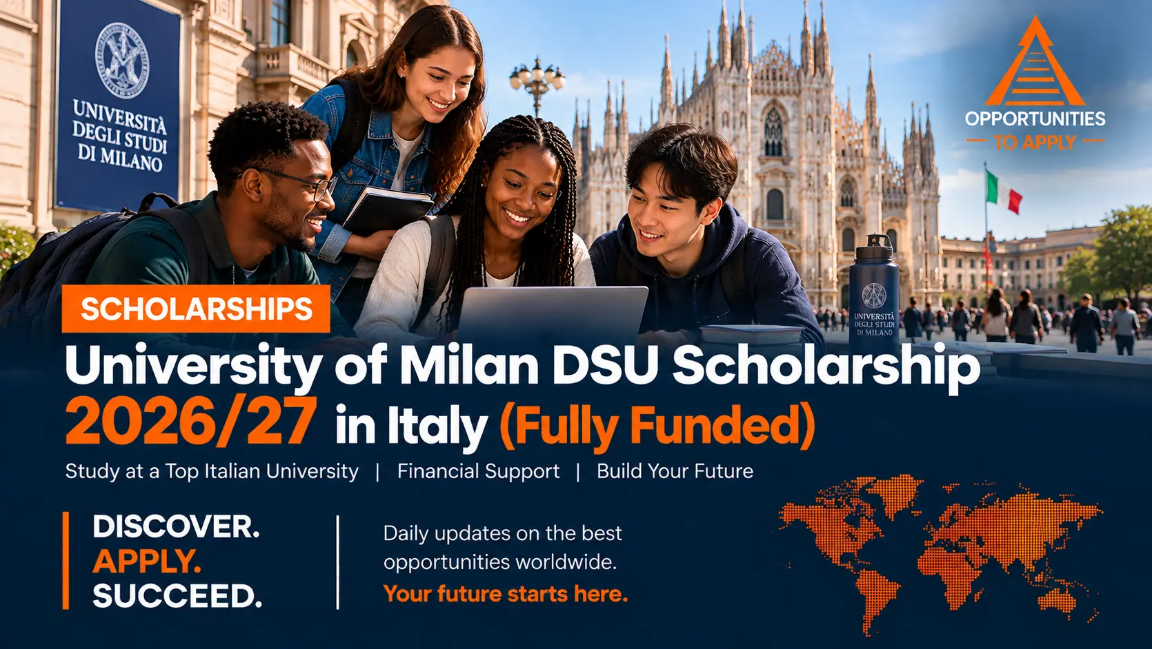 University of Milan DSU Scholarship 2026/27 fully funded study in Italy promotional graphic showing diverse students gathered around a laptop outside Milan Cathedral.