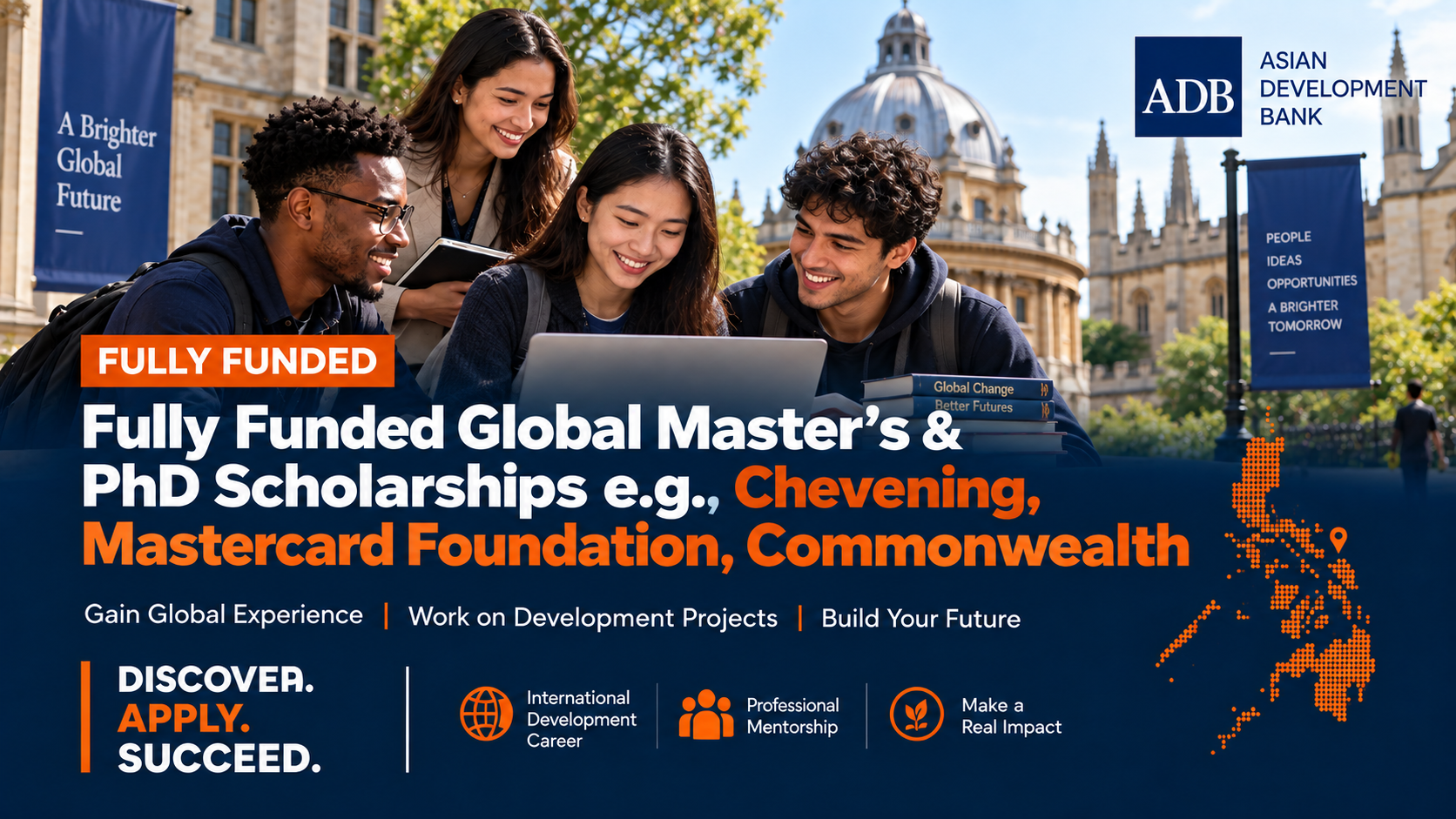 Promotional banner for fully funded global Master’s and PhD scholarships, featuring diverse students studying together with a university campus in the background. The navy-and-orange design includes t