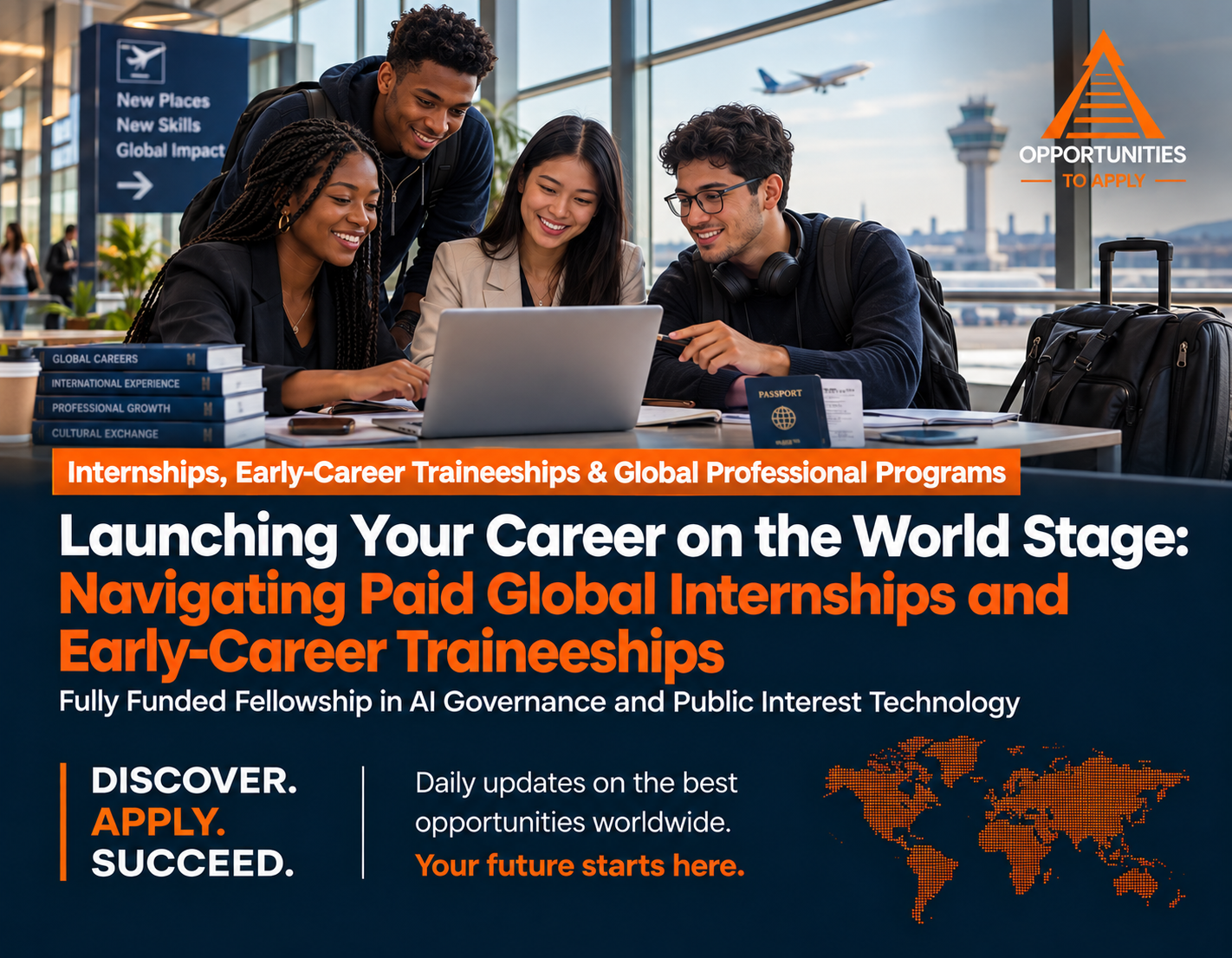 A professional landscape opportunity cover promoting Internships, Early-Career Traineeships & Global Professional Programs, featuring diverse young professionals collaborating on a laptop in an intern