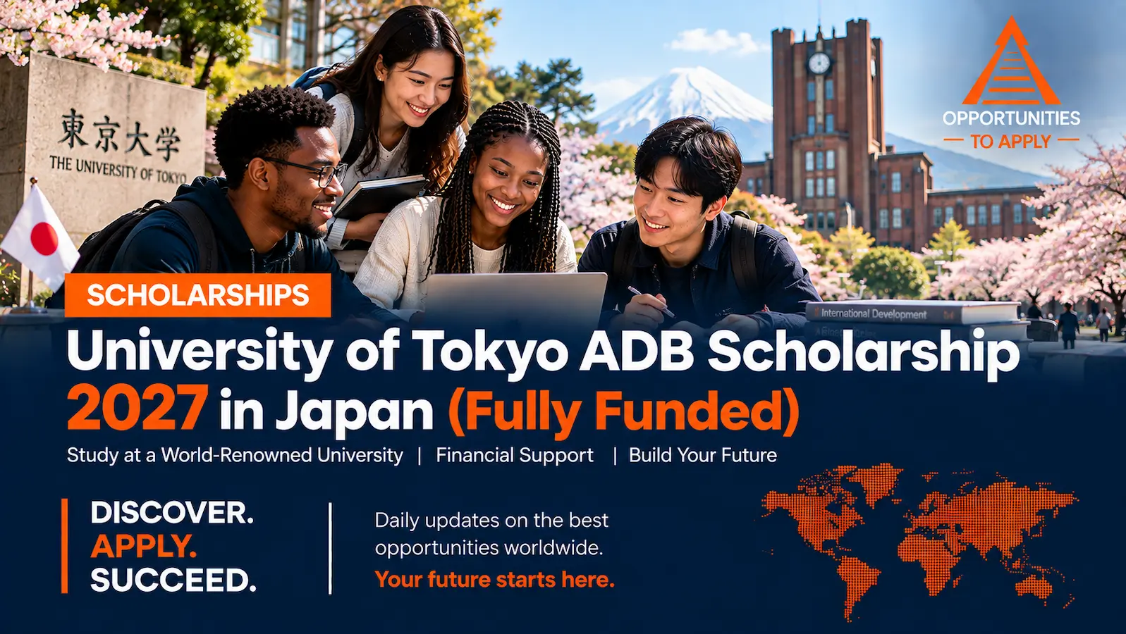Image ALT text:** A promotional graphic for the University of Tokyo ADB Scholarship 2027 in Japan. The background features four diverse young students collaborating around a laptop outdoors on a vibra