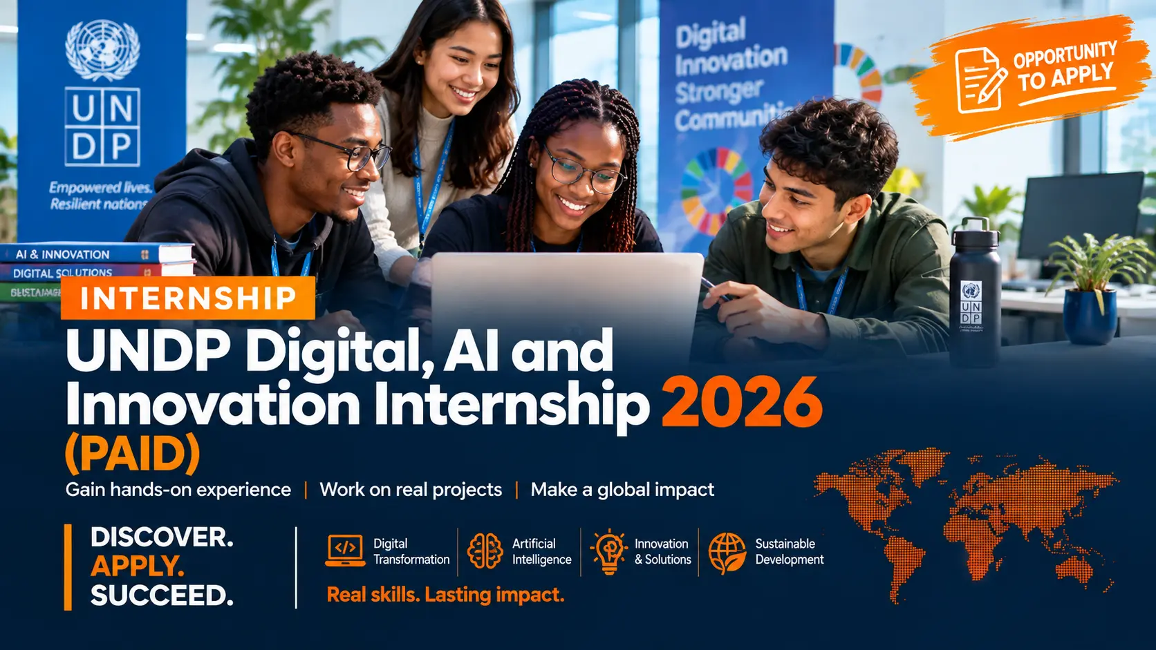 Image ALT text:** A promotional graphic for the UNDP Digital, AI and Innovation Internship 2026 (Paid). The top left features the UNDP logo and the text "Empowered lives. Resilient nations." Four dive