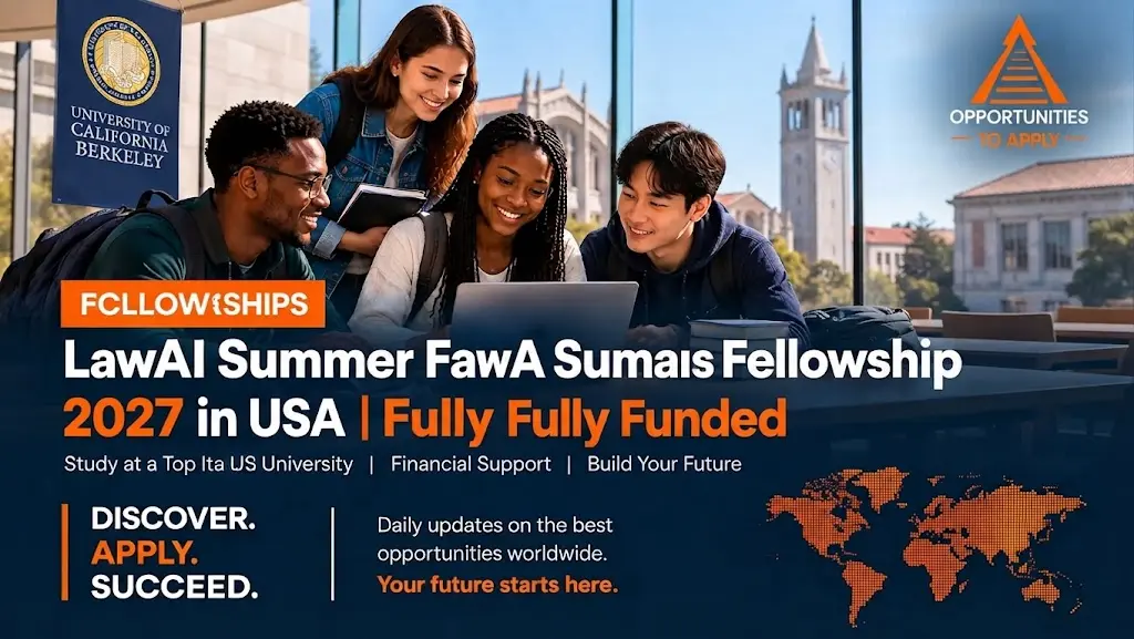Image ALT text: A promotional graphic for the LawAI Summer Fellowship 2027 in the USA. The background features four diverse young students collaborating around a laptop outdoors on a sunny university 