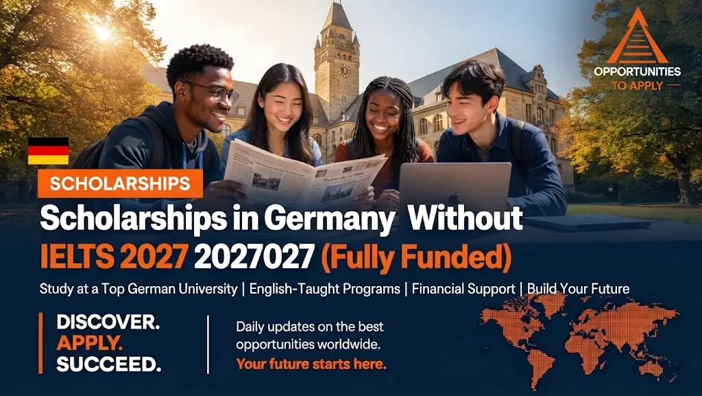 A promotional graphic for the Scholarships in Germany Without IELTS 2027 (Fully Funded). The background features four diverse young international students (Black man with glasses