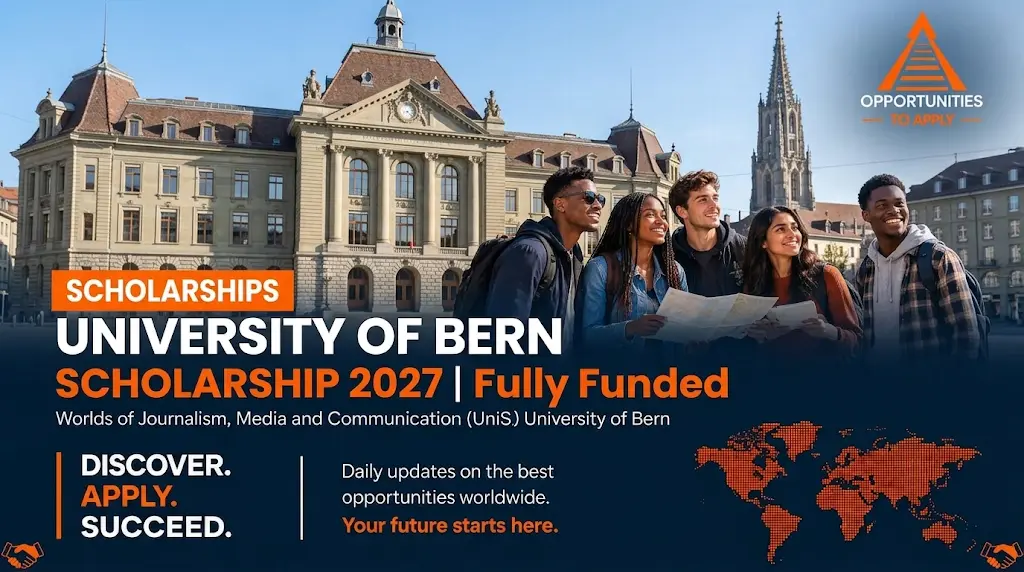 A professional promotional banner graphic with a dark navy-blue background and an orange and white color scheme. The left side features bold white text: "UNIVERSITY OF BERN" above bold orange text: "S