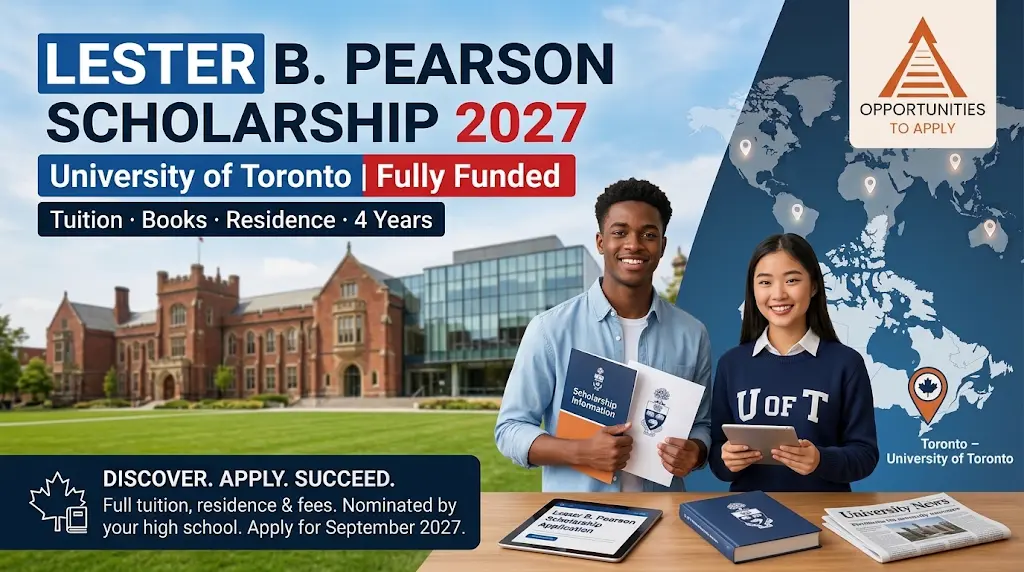 Promotional graphic for the University of Toronto Lester B. Pearson Scholarship 2027 showing two diverse international students in front of a university building with bold text about the fully funded 