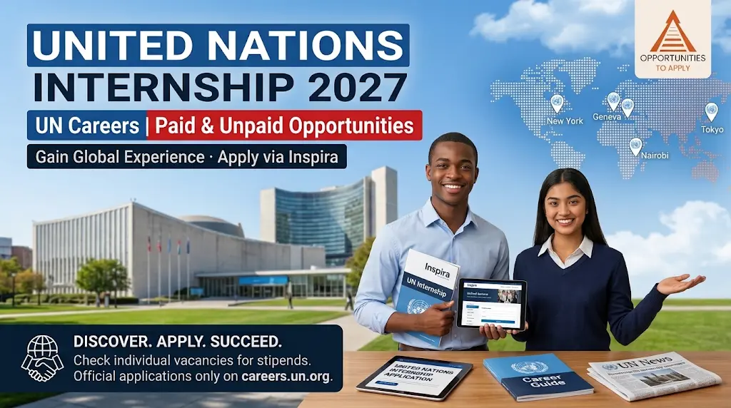 Promotional graphic for United Nations Internship opportunities 2027 showing two diverse young professionals in front of an international organisation building with bold text about UN Careers internsh