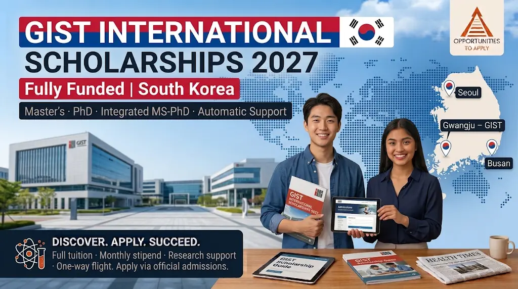 Promotional graphic for GIST International Scholarships 2027 in South Korea showing two diverse international students in front of a modern university building with bold text about fully funded Master