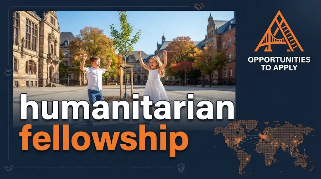 Professional promotional banner for humanitarian fellowships featuring a dark navy-blue background with an orange and white color palette. In the upper section, a young boy and gir