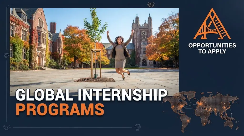 A high-resolution promotional banner for "GLOBAL INTERNSHIP PROGRAMS" on a dark navy-blue background with an orange and white color palette. The central image, in a frame, shows a