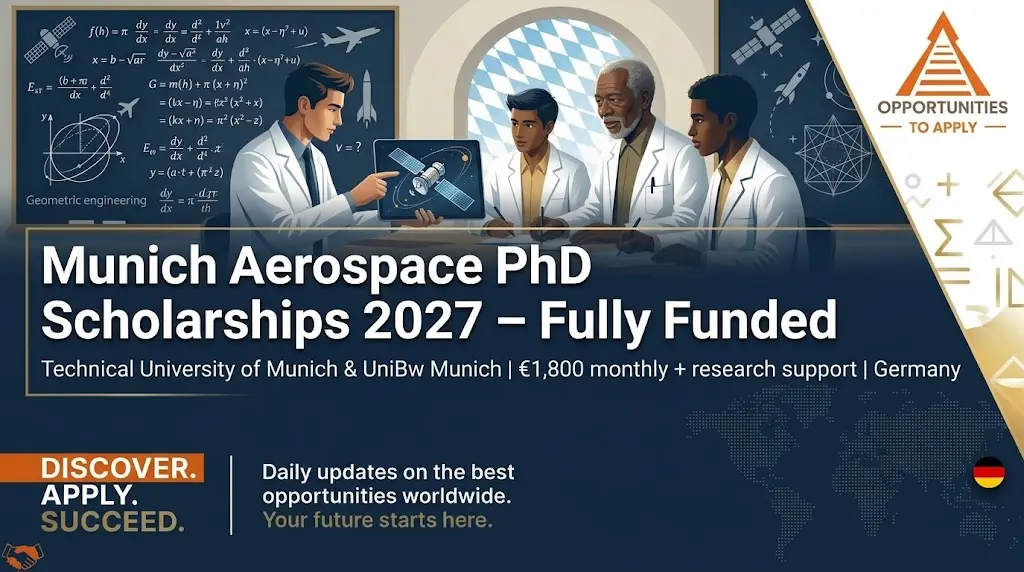 “Clean, modern promotional graphic for the DAAD Munich Aerospace Scholarships 2027. Deep blue and white colour scheme with subtle silver and orange accents suggesting aviation and