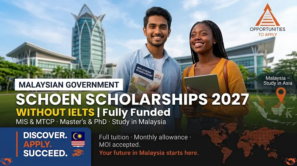 Alt Text: Promotional banner for Malaysian Government Scholarships 2027 featuring two smiling international students in front of a modern university campus, with text overlaying sc