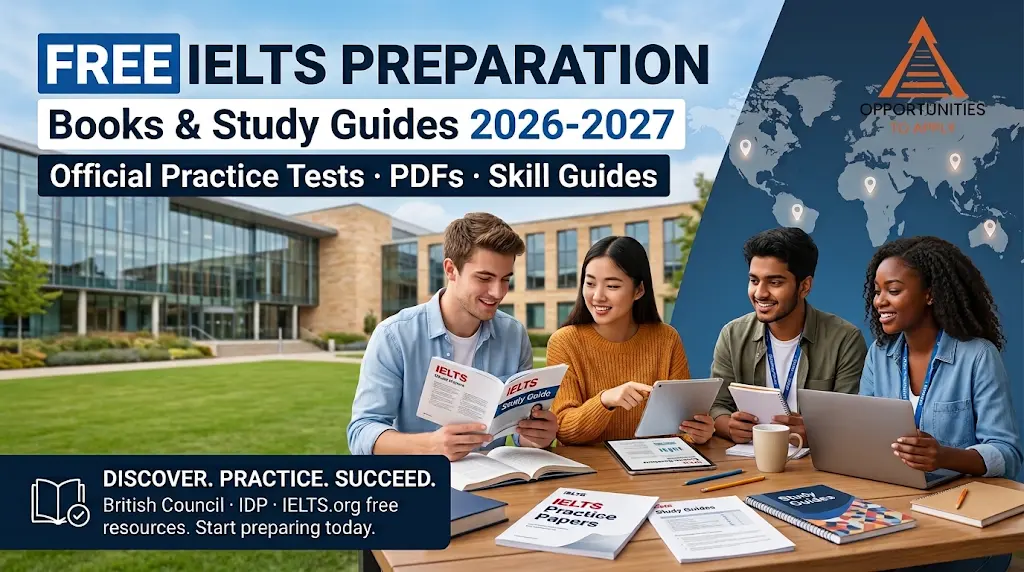 Promotional graphic for free IELTS preparation books and study guides showing two diverse international students studying with books and a laptop in front of a university building,